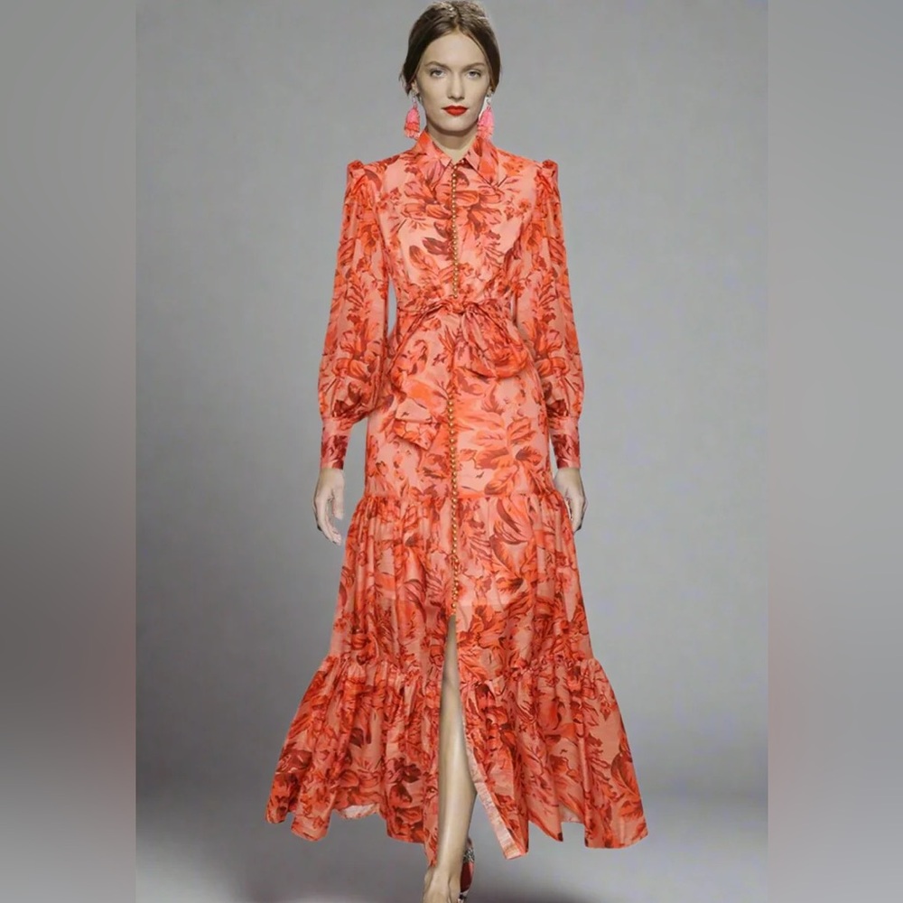 Tangy Orange Floral Maxi dress | Comino London / Zimmerman inspired